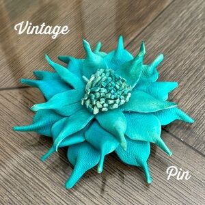 Vintage Large Leather Flower Pin in Turquoise or Teal Leather